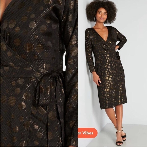 NWT MODCLOTH Golden Record Party Wrap Dress MIDI Black Gold Shimmer Large - Picture 4 of 11